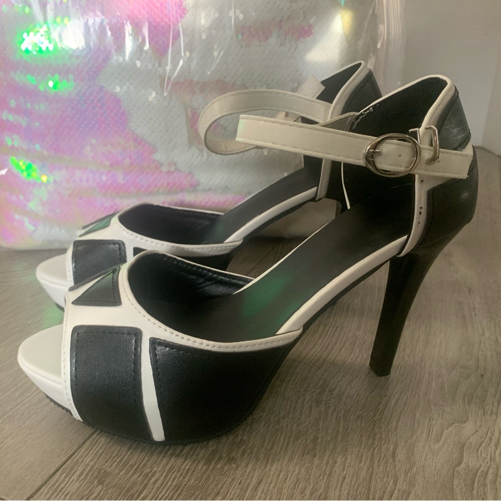 Black and white modern , classy , & sporty style peep toe pumps vegan leather